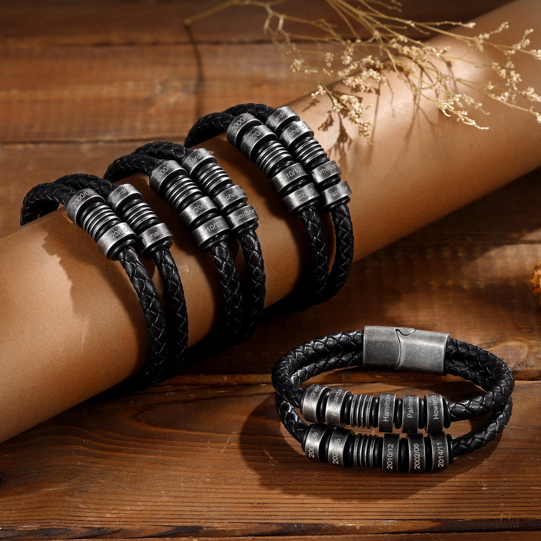 Black Braided Leather Bracelet with Six Engraving Options - Herzschmuck
